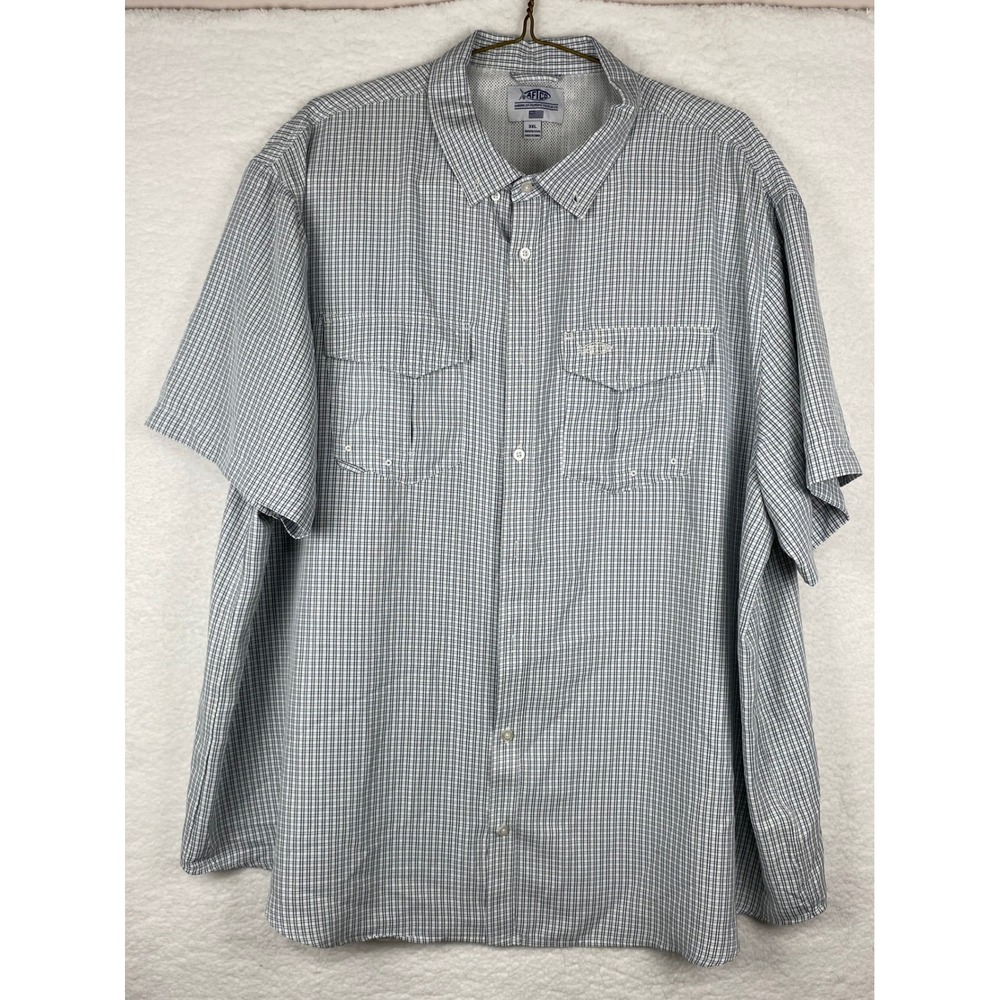 AFTCO Mens 3XL Blue White Grid Short Sleeve Vented Fishing Shirt RN 77697
